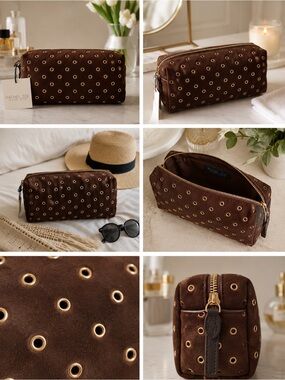 Rachel Zoe | Chocolate Brown Faux Suede Eyelet Travel Cosmetic Bag 🤎